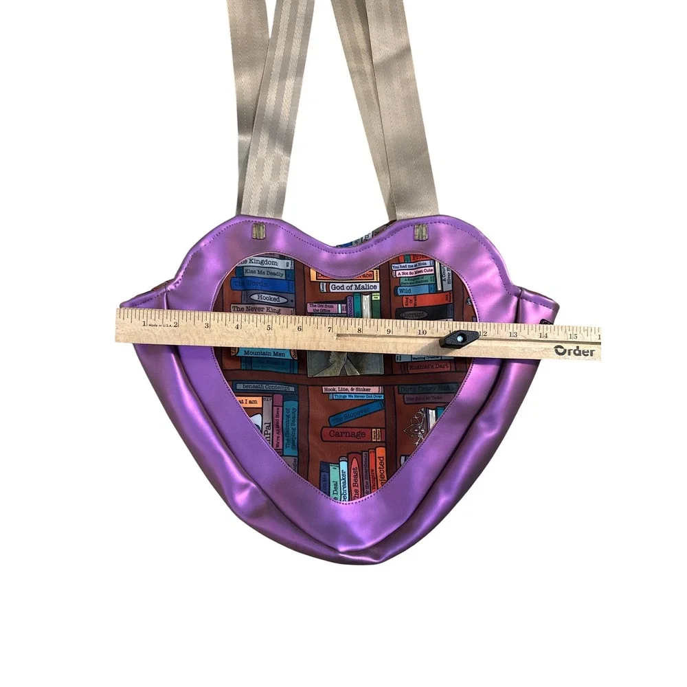 Main Character Energy Heart Tote Bag Women OS Purple Bookshelf Print Novelty